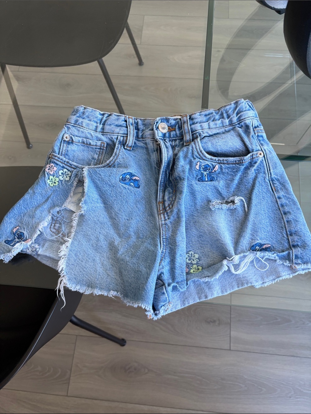 Zara Light Blue Denim Shorts with Embroidered Stitch Motifs